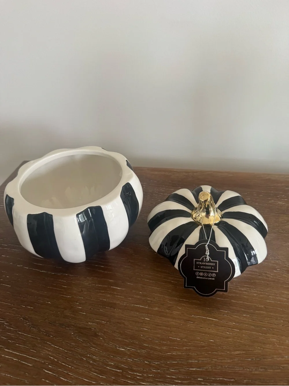 10 Strawberry Street black & white striped ceramic pumpkin canister jar